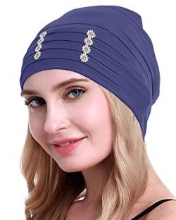 osvyo Chemo Kopfbedeckung Bambus für Damen, Chemo Kopftuch Turban für Frauen mit Blumenmotiv-Kopfbedeckung Mütze Kappen Denim Blue von osvyo