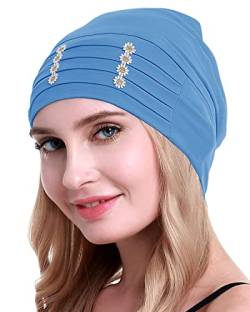 osvyo Chemo Kopfbedeckung Bambus für Damen, Chemo Kopftuch Turban für Frauen mit Blumenmotiv-Kopfbedeckung Mütze Kappen HELLBLAU von osvyo