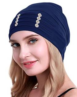 osvyo Chemo Kopfbedeckung Bambus für Damen, Chemo Kopftuch Turban für Frauen mit Blumenmotiv-Kopfbedeckung Mütze Kappen Indigo BLAU von osvyo