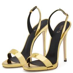 ottspu Patent Stiletto Heels Sandalen Für Frauen Knöchelriemen Schnalle Up Party Kleid,Gold,34 EU von ottspu