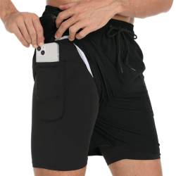 Badehose für Herren mit Kompression Mesh-Futter, 2 in 1 Schnelltrocknend Badeshorts Kurz, Verstellbar Tunnelzug Tasche Männer Schwimmhose Boardshorts für Strand Surf Sport Freizeit L Schwarz von outfit spring