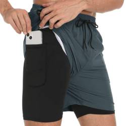 Badehose für Herren mit Kompression Mesh-Futter, 2 in 1 Schnelltrocknend Badeshorts Kurz, Verstellbar Tunnelzug Tasche Männer Schwimmhose Boardshorts für Strand Surf Sport Freizeit S Grau von outfit spring