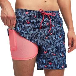 Badehose für Herren mit Kompression Mesh-Futter, 2 in 1 Schnelltrocknend Badeshorts Kurz, Verstellbar Tunnelzug Tasche Männer Schwimmhose Boardshorts für Strand Surf Sport L Kokosflamingo Blau von outfit spring