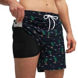 Badehose für Herren mit Kompression Mesh-Futter, 2 in 1 Schnelltrocknend Badeshorts Kurz, Verstellbar Tunnelzug Tasche Männer Schwimmhose Boardshorts für Strand Surf Sport L Kokospalmen Marine von outfit spring