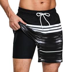 Badehose für Herren mit Kompression Mesh-Futter, 2 in 1 Schnelltrocknend Badeshorts Kurz, Verstellbar Tunnelzug Tasche Männer Schwimmhose Boardshorts für Strand Surf Sport L Streifen Schwarz von outfit spring