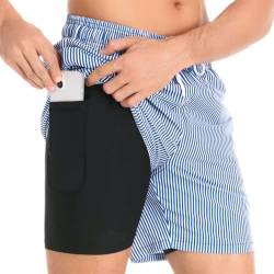 Badehose für Herren mit Kompression Mesh-Futter, 2 in 1 Schnelltrocknend Badeshorts Kurz, Verstellbar Tunnelzug Tasche Männer Schwimmhose Boardshorts für Strand Surf Sport M Blau Weiß Streifen von outfit spring