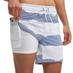 Badehose für Herren mit Kompression Mesh-Futter, 2 in 1 Schnelltrocknend Badeshorts Kurz, Verstellbar Tunnelzug Tasche Männer Schwimmhose Boardshorts für Strand Surf Sport XL Streifen Weiß von outfit spring