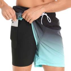 Badehose für Herren mit Kompression Mesh-Futter, 2 in 3 Schnelltrocknend Badeshorts Kurz, Verstellbar Tunnelzug Tasche Männer Schwimmhose Boardshorts für Strand Surf Sport L Schwarz Grün Verlauf von outfit spring