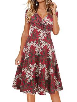 oxiuly Damen Casual Kleider Criss-Cross V-Ausschnitt Floral Flare Midi Sommerkleid OX233, Burgunderrot F, Groß von oxiuly