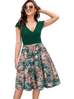 oxiuly Damen Casual Kleider Criss-Cross V-Ausschnitt Floral Flare Midi Sommerkleid OX233, Grün Fp, Klein von oxiuly