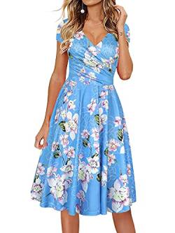 oxiuly Damen Casual Kleider Criss-Cross V-Ausschnitt Floral Flare Midi Sommerkleid OX233, Himmelblau F, Groß von oxiuly