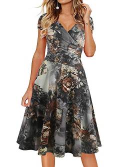 oxiuly Damen Casual Kleider Criss-Cross V-Ausschnitt Floral Flare Midi Sommerkleid OX233, Kaffee-Blumenmuster, Mittel von oxiuly