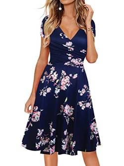 oxiuly Damen Casual Kleider Criss-Cross V-Ausschnitt Floral Flare Midi Sommerkleid OX233, Nb Pinkf, Mittel von oxiuly