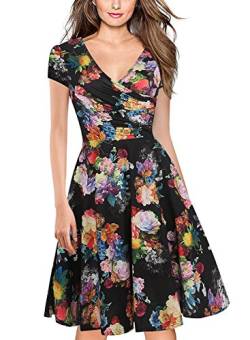 oxiuly Damen Casual Kleider Criss-Cross V-Ausschnitt Floral Flare Midi Sommerkleid OX233, Schwarz, Groß von oxiuly