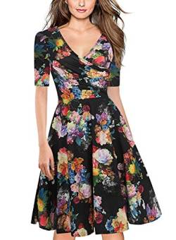 oxiuly Damen Casual Kleider Criss-Cross V-Ausschnitt Floral Flare Midi Sommerkleid OX233, Schwarz F5, Klein von oxiuly