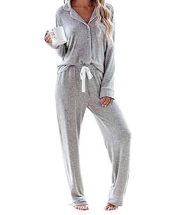 Damen-Schlafanzug-Set, weich, einfarbig, zweiteilig, Pyjama-Sets mit Taschen, langärmelig, Knopfleiste, Oberteile und Hose, Nachtwäsche, Loungewear, S-XXL, hellgrau, 38 von oytto