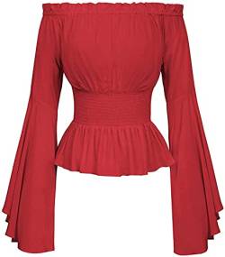 oytto Damen Gothic viktorianische Glockenärmel Bluse Halloween Retro Schulterfrei Tops Shirt, rot, M von oytto