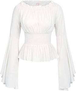 oytto Damen Gothic viktorianische Glockenärmel Bluse Halloween Retro Schulterfrei Tops Shirt, weiß, Small von oytto
