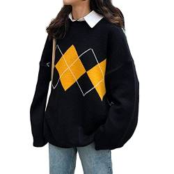 oytto Damen Pullover Geometrisches Muster Argyle, Oversized Pullover Lose O-Neck Strickpullover, Schwarz , One size von oytto