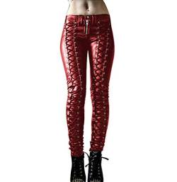 oytto Gothic Punk Lederhose Damen Einfarbig Bandage Skinny Party Night Club Leder Mode Hose, rot, L von oytto