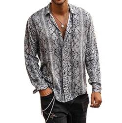 oytto Herren Knöpfe Hemden Tierdruck Muster Langarm Lose Sommer Casual Trend Tops -Tiger Leopard Schlange Print, weiß, XL von oytto