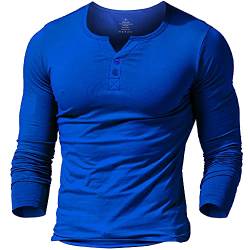 Alivebody Henley Herren-T-Shirt mit Knöpfen, langärmelig, schmale Passform, Baumwolle, Blaues Langarmshirt, L von palglg