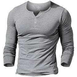 Alivebody Henley Herren-T-Shirt mit Knöpfen, langärmelig, schmale Passform, Baumwolle, Grauer Langarm, S von palglg