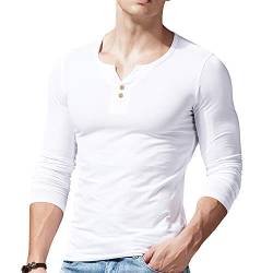 Alivebody Henley Herren-T-Shirt mit Knöpfen, langärmelig, schmale Passform, Baumwolle, Weißes Langarmshirt, M von palglg