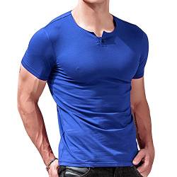 Alivebody Henley Herren-T-Shirt mit Knöpfen, langärmelig, schmale Passform, Baumwolle, blau, M von palglg