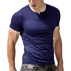 Herren Kurzarm T-Shirt Taste Knopfleiste Einfacher V-Ausschnitt Hemden Baumwolle Navy blau M von palglg