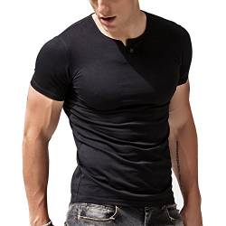 Herren Kurzarm T-Shirt Taste Knopfleiste Einfacher V-Ausschnitt Hemden Baumwolle Schwarz L von palglg