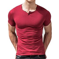 Herren Kurzarm T-Shirt Taste Knopfleiste Einfacher V-Ausschnitt Hemden Baumwolle Weinrot S von palglg