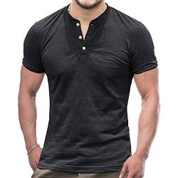 Herren Kurzarm T-Shirt Taste Knopfleiste Einfacher V-Ausschnitt Hemden Platte Baumwolle Schwarz L von palglg