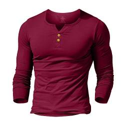 Herren Lange Henley T-Shirt Taste Knopfleiste Einfacher V-Ausschnitt Hemden Baumwolle Weinrot M von palglg