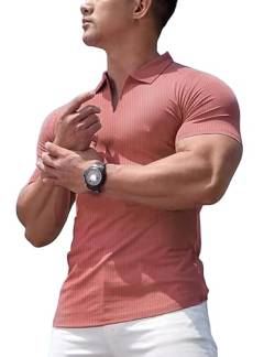 Herren Poloshirts V-Ausschnitt T-Shirts Kurzarm Muskel Fitness Gerippt Stricken Rosa L von palglg