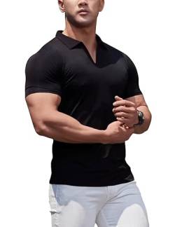 Herren Poloshirts V-Ausschnitt T-Shirts Kurzarm Muskel Fitness Gerippt Stricken Schwarz L von palglg