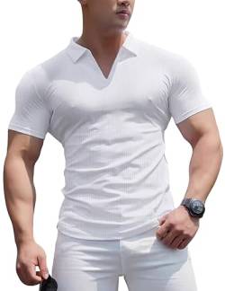 Herren Poloshirts V-Ausschnitt T-Shirts Kurzarm Muskel Fitness Gerippt Stricken Weiß S von palglg