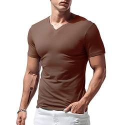 Herren Slim Fit Kurzarm Henley T-Shirt Beiläufig V-Ausschnitt Unterhemden Baumwolle Braun XX-Large von palglg
