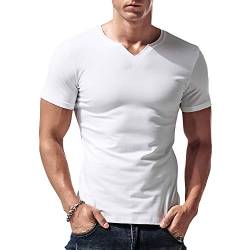 Herren Slim Fit Kurzarm Henley T-Shirt Beiläufig V-Ausschnitt Unterhemden Baumwolle Weiß Large von palglg