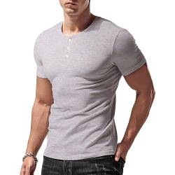 Herren Slim Fit Kurzarm Henley Tshirt Beiläufig Unterhemden Baumwolle Grau XL von palglg