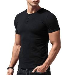 Herren Slim Fit Kurzarm Henley Tshirt Beiläufig Unterhemden Baumwolle Schwarz XL von palglg