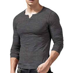 Herren Slim Fit Lange Ärmel Henley T-Shirt Beiläufig V-Ausschnitt Unterhemden Baumwolle Dunkelgrau Medium von palglg