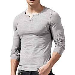 Herren Slim Fit Lange Ärmel Henley T-Shirt Beiläufig V-Ausschnitt Unterhemden Baumwolle Grau Small von palglg
