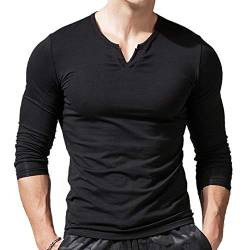 Herren Slim Fit Lange Ärmel Henley T-Shirt Beiläufig V-Ausschnitt Unterhemden Baumwolle Schwarz Large von palglg