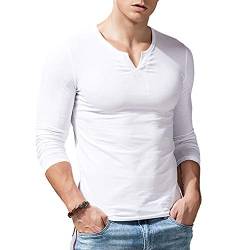 Herren Slim Fit Lange Ärmel Henley T-Shirt Beiläufig V-Ausschnitt Unterhemden Baumwolle Weiß Large von palglg