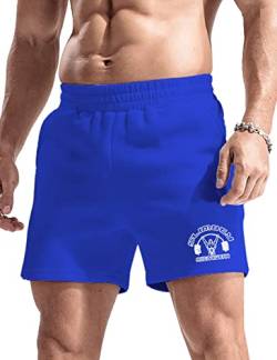 palglg Herren Bodybuilding Hosen Kurz mit Tasche Sporthose Baumwolle Laufshorts 5" Innennaht Blau L von palglg