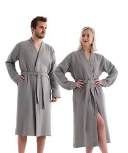 pamuq Bademantel Damen & Herren - grau, 4-lagiger Musselin, 100% Baumwolle, leicht - Morgenmantel Kimono Bathrobe Saunamantel Reisebademantel Bademantel Herren von pamuq