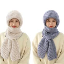 papasgix Integrierter Gehörschutz Winddichte Mütze Schal Set Damen, Kapuzenschal für Frauen Winter, 2 in 1 Maskenschal Strickmütze Damen Verdickter Warmer Einteiliger Hutschal(Grau+Beige) von papasgix