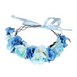 perfk Frauen Blumen Stirnband Kranz, Braut Kopfbedeckung, Boho Elegante Braut Blumen Haargirlande Krone Kopfschmuck für Festival Hochzeit, Blau von perfk