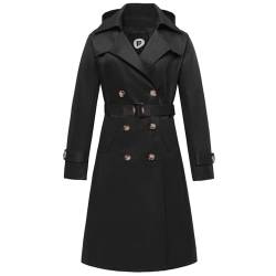 poonyfesh Damen Winddicht Wasserdicht Lang Trenchcoat Klassisch Zweireihiger Revers Gürtel Mantel mit abnehmbarer Kapuze, Schwarz, XXL von poonyfesh